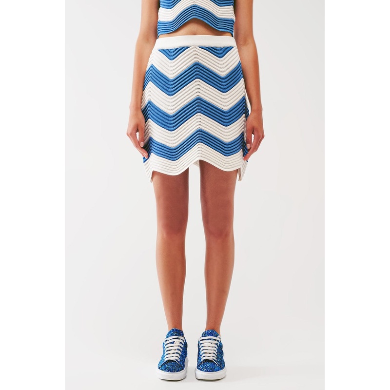 Ribbed Knitted Mini Skirt In White And Blue