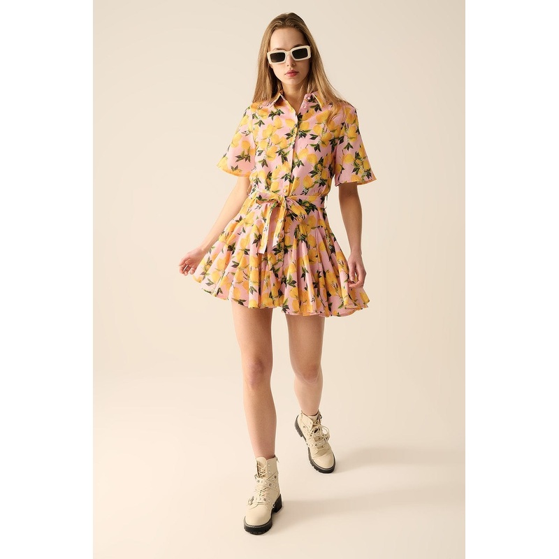 Romantic Dress With Waistband And Lemon Print And Short Sleeves In Pink