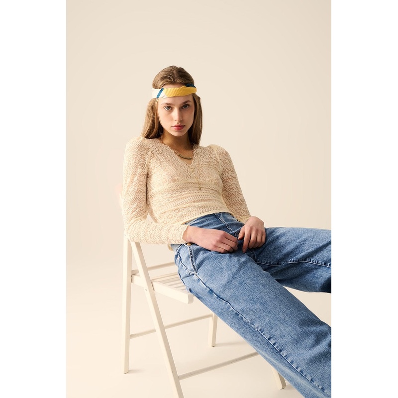 Romantic V-Neck Lace Top With Long Sleeves In Beige