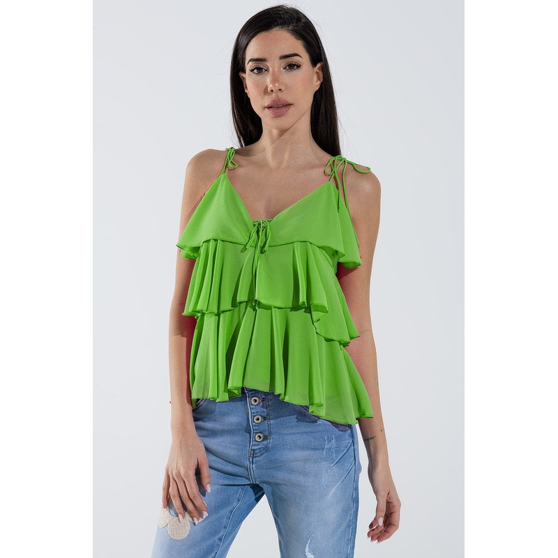 Ruffle Top With Thin Straps In Green