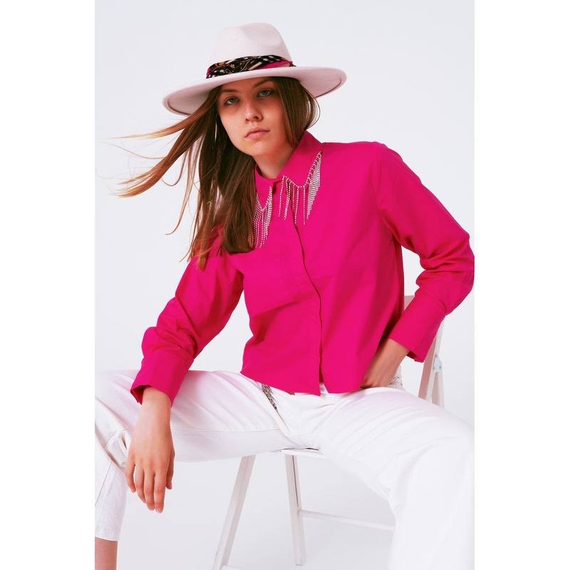 Shirt With Fringe Strass Collar In Fuxia