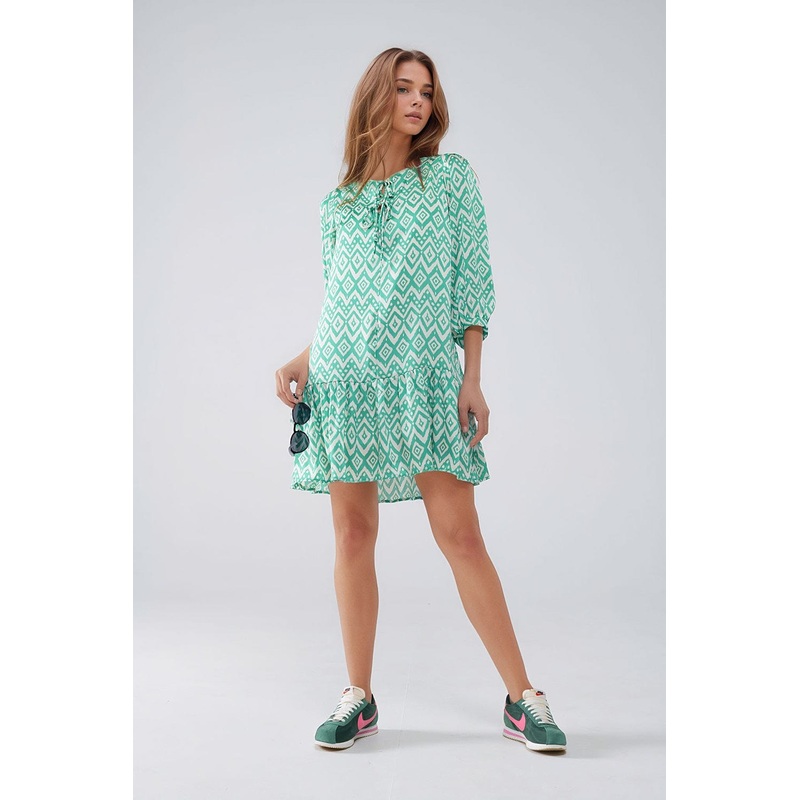 Short Dress With Tie At The Front Details In Ethnic Green Print