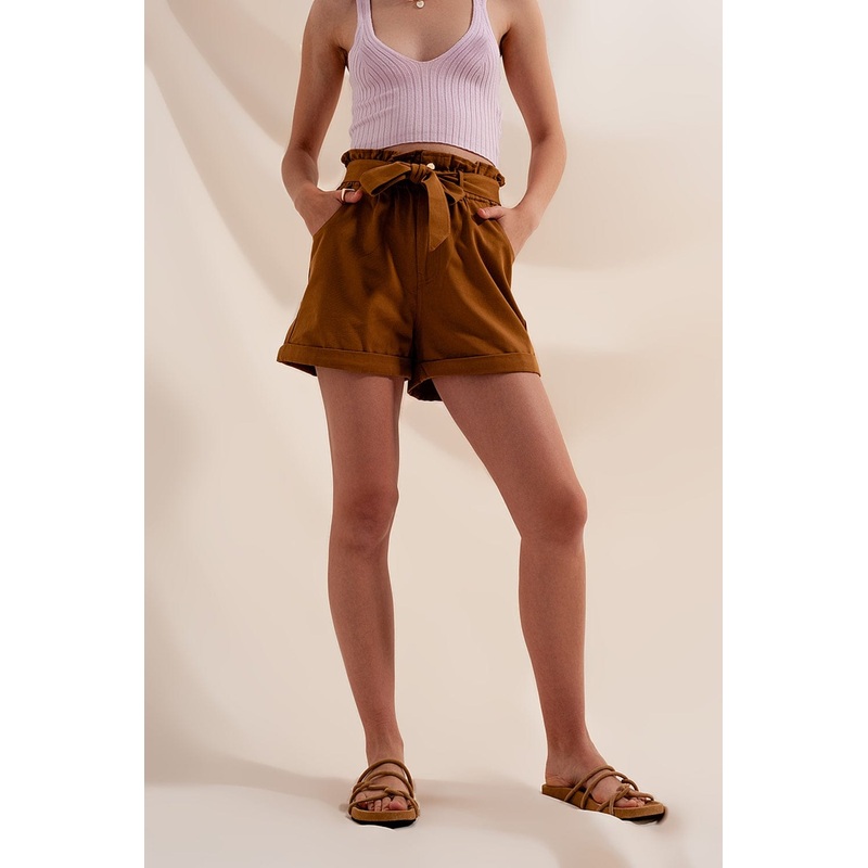 Shorts With Belted Waist In Camel