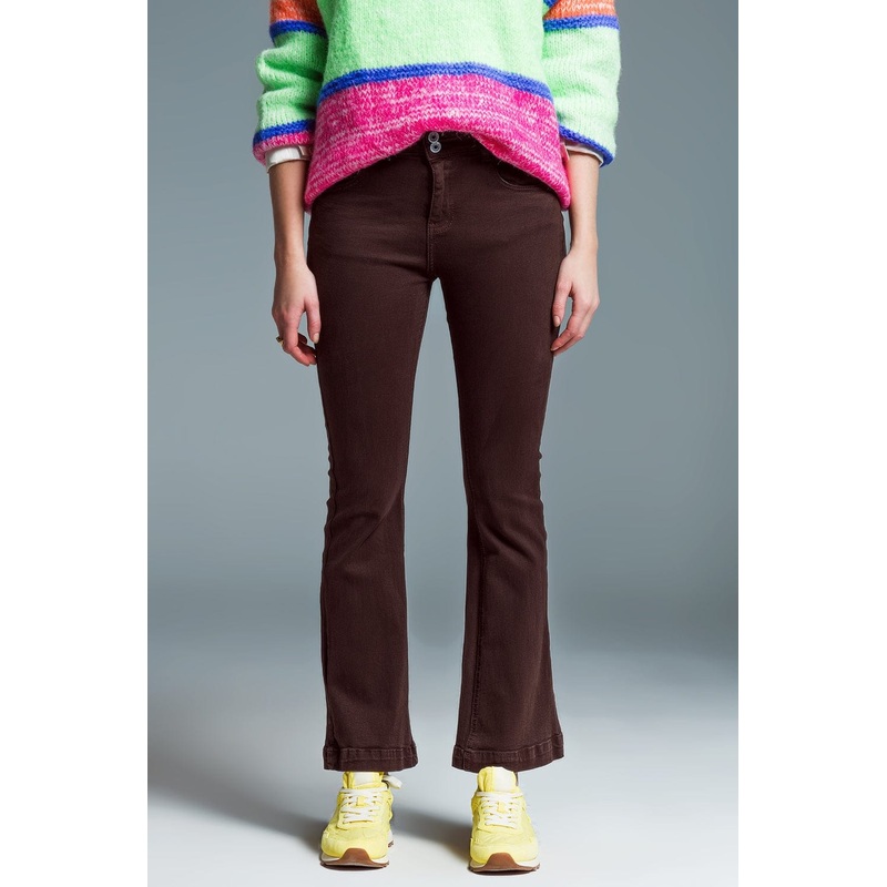 Skinny Flared Jeans With Double Button Detail In Brown