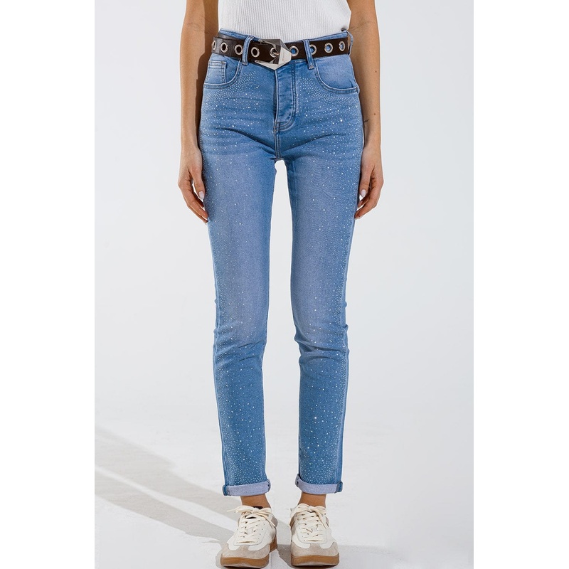 Skinny Jeans In Washed Blue With Strass All Over The Front