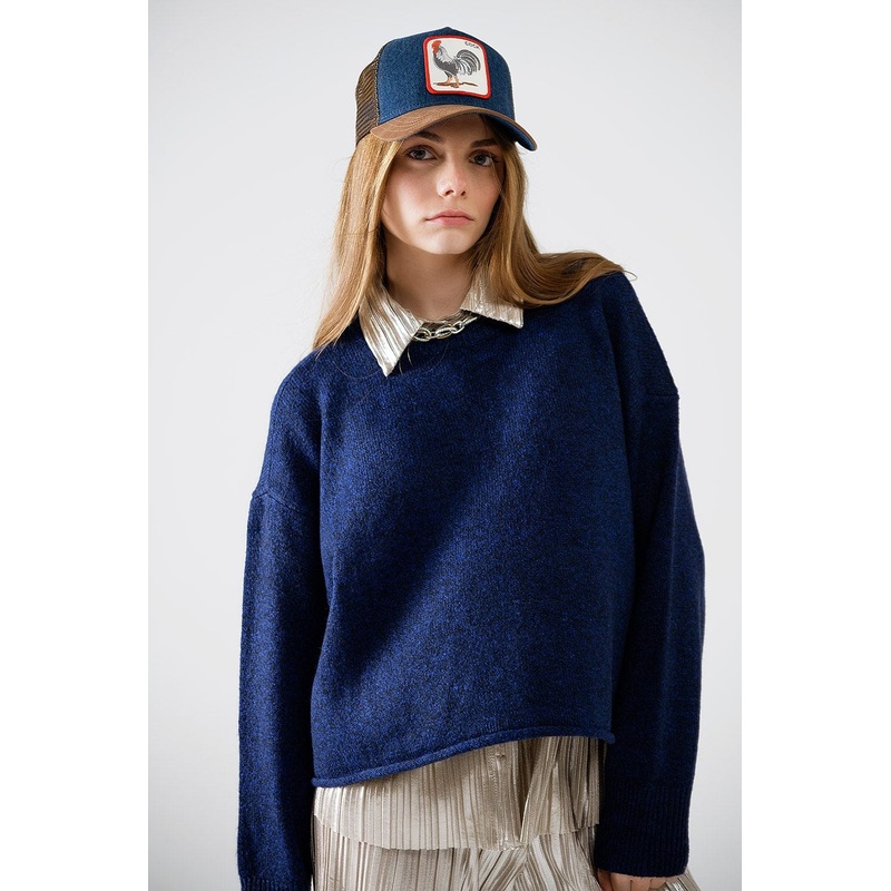 Soft Knit Navy Jumper With Balloon Sleeves
