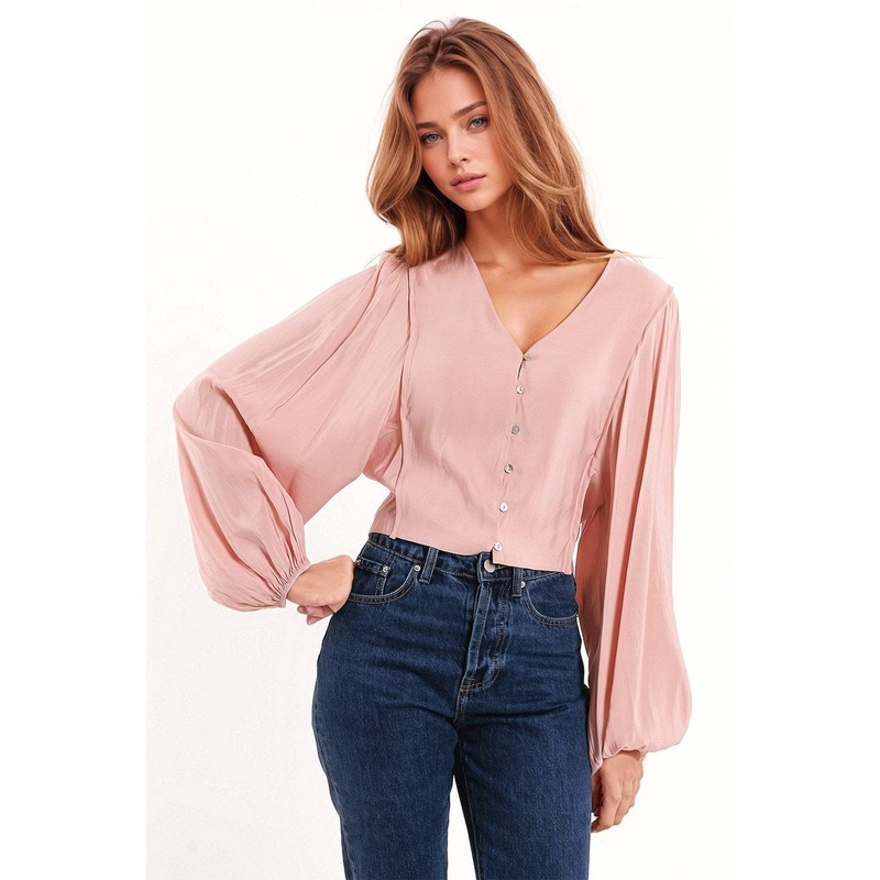 V-Neck Cropped Shirt With Super Voluminous Sleeves In Pink