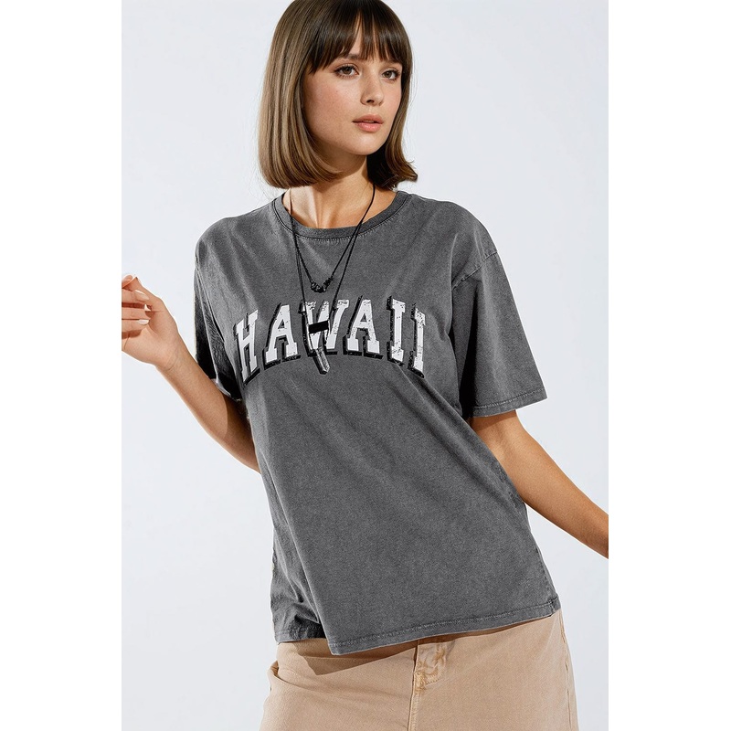 Washed Effect Hawaii T-Shirt In Grey