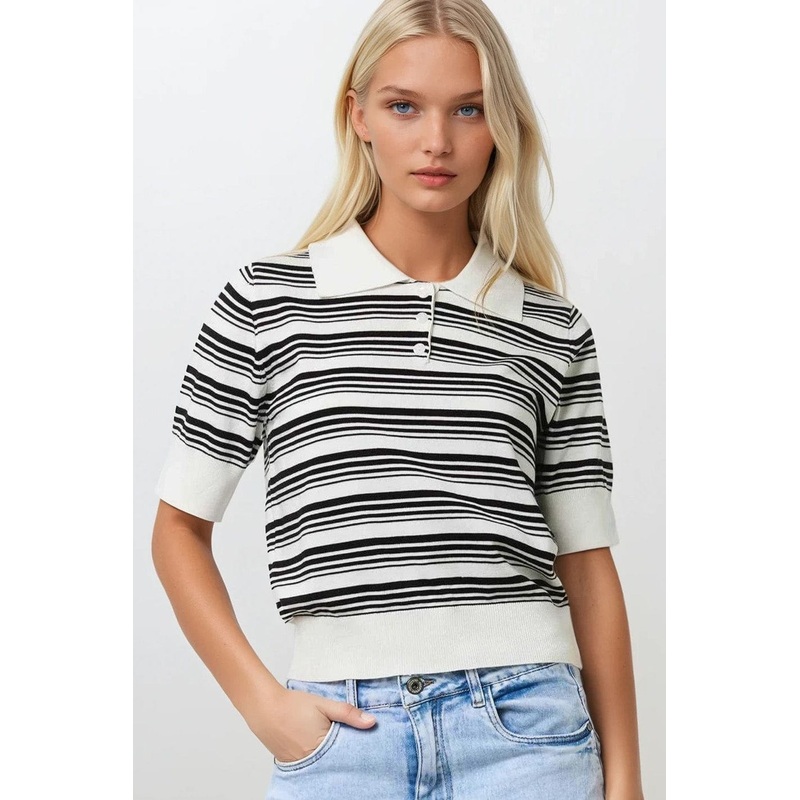 White And Black Striped Sweater With Polo Neck