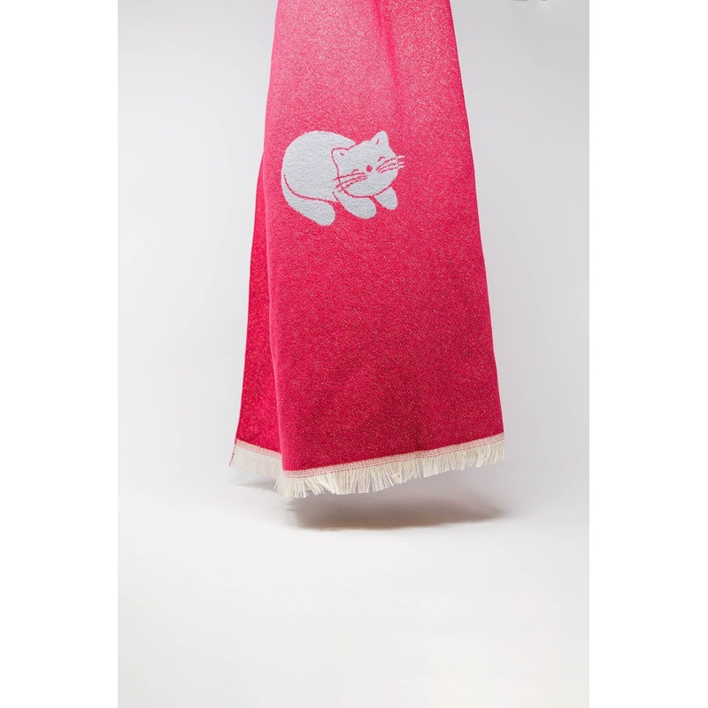 Wide Soft Knitted Scarf In Pink With Cat Print