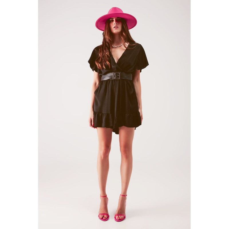 Wrap Front Frill Hem Jumpsuit In Black