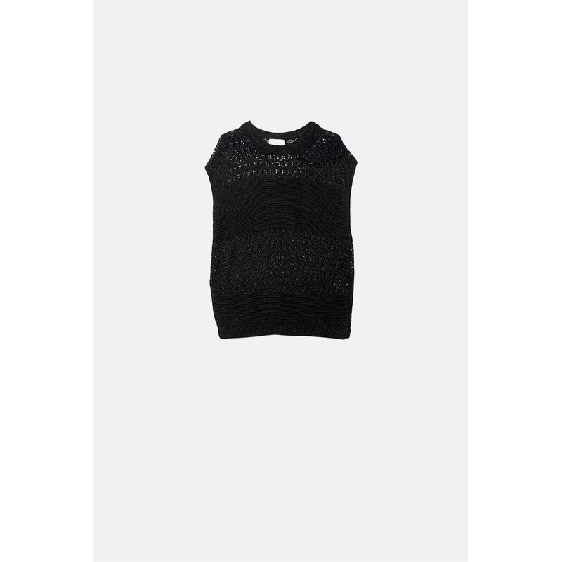 Black Sweater With Soft Open Knit And Dropped Sleeves