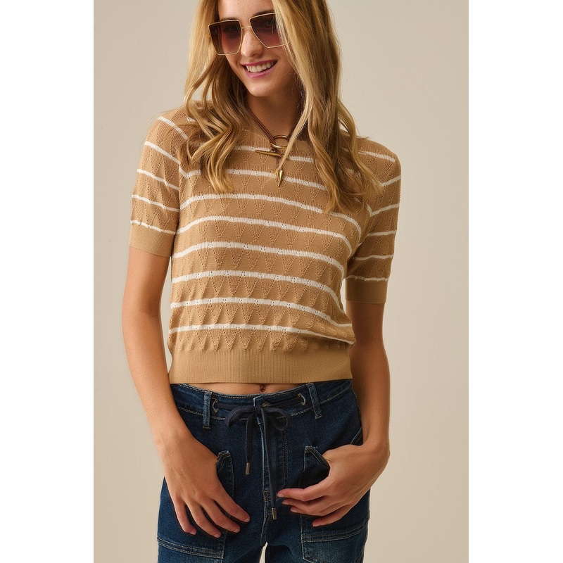 Camel Openwork Knit Top With Short Sleeves And White Stripes