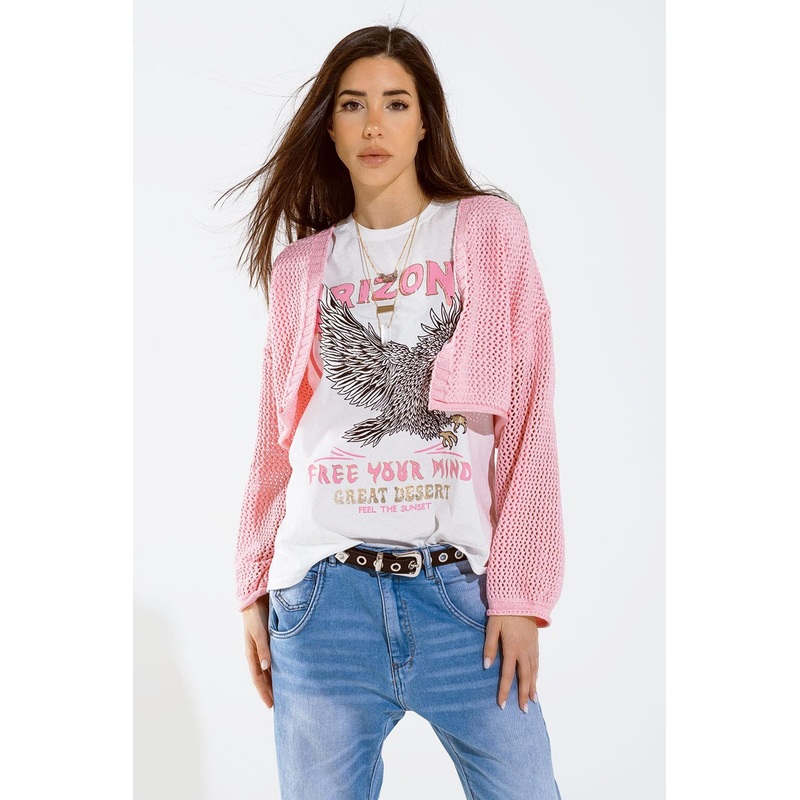 Crochet Basic Cropped Cardigan In Baby Pink