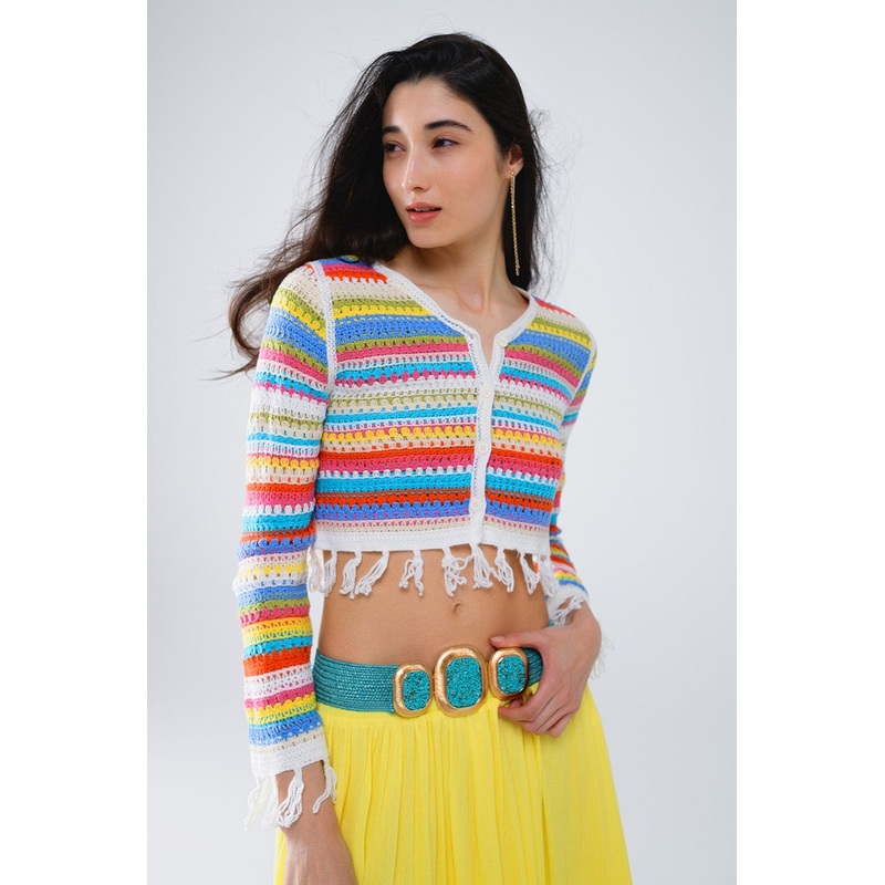 Cropped Crochet Cardigan In Multicolor Stripe