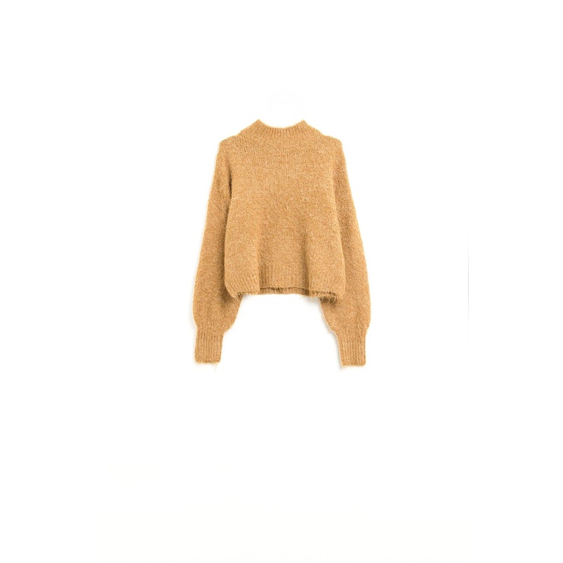 Fluffy Camel Sweater With High Neck And Balloon Sleeves