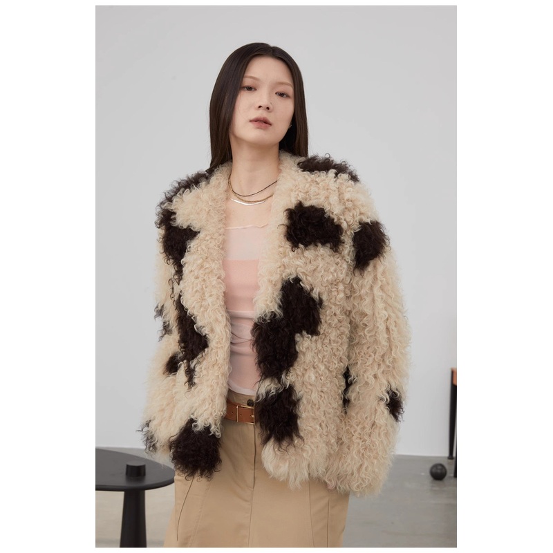 “Fragrant Cream” Upgraded Cow Pattern Sheep Curly Double-Sided Braided Fur Jacket