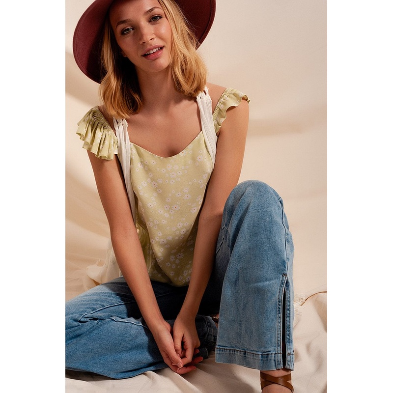 Frill Strap Cami Top In Green Ditsy Floral Print