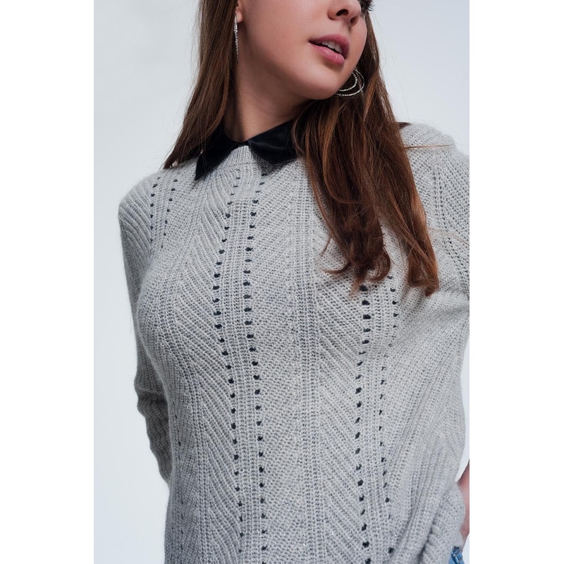 Gray Sweater With Knitted Stripe Detail