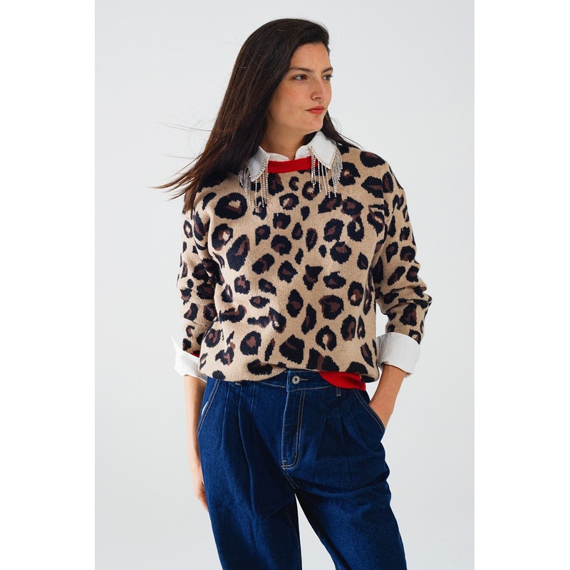 Leopard Sweater With Red Detail On The Neck And Sleeves