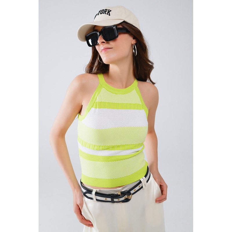 Lime Green Halter Tank Top With Stripe Design In Different Knits