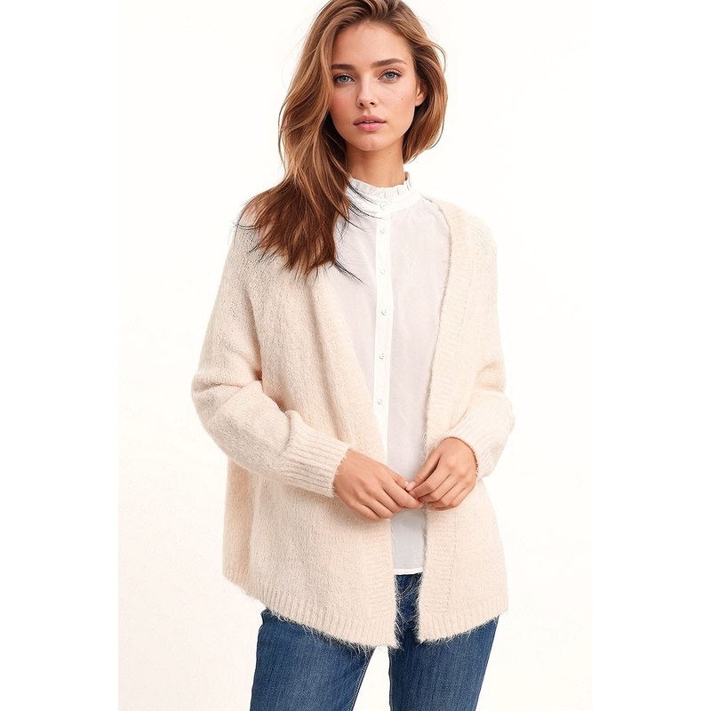 Oversized Fluffy Knit Open Cardigan In White With Rib At Them And Cuffs