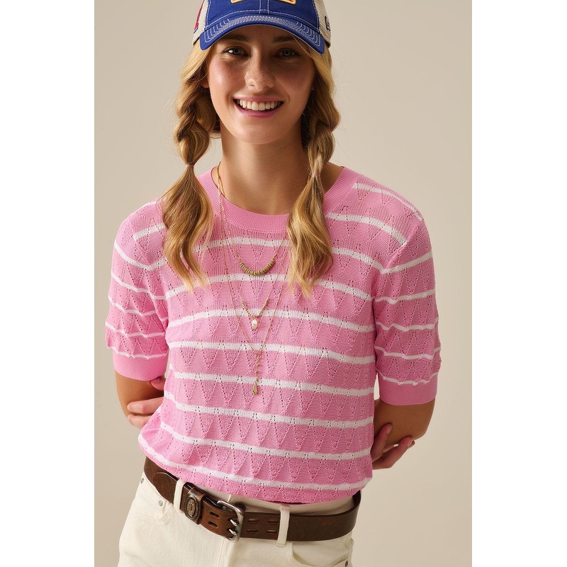 Pink Openwork Knit Top With Short Sleeves And White Stripes