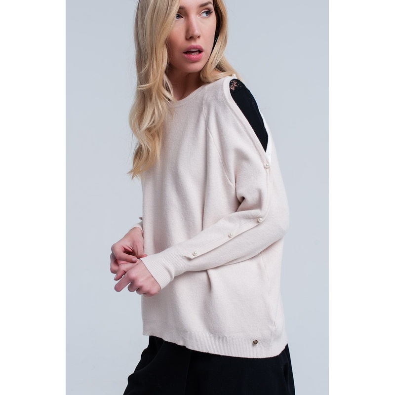 Pink Pale Knitted Sweater With Pearl Detail