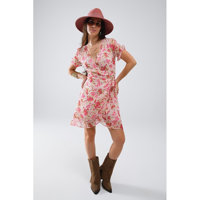 Plumetti Short Wrap Dress In Pink Floral Print