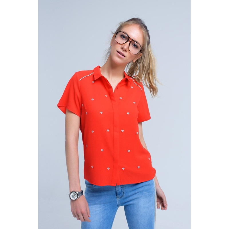Red Shirt With Heart Embroidery