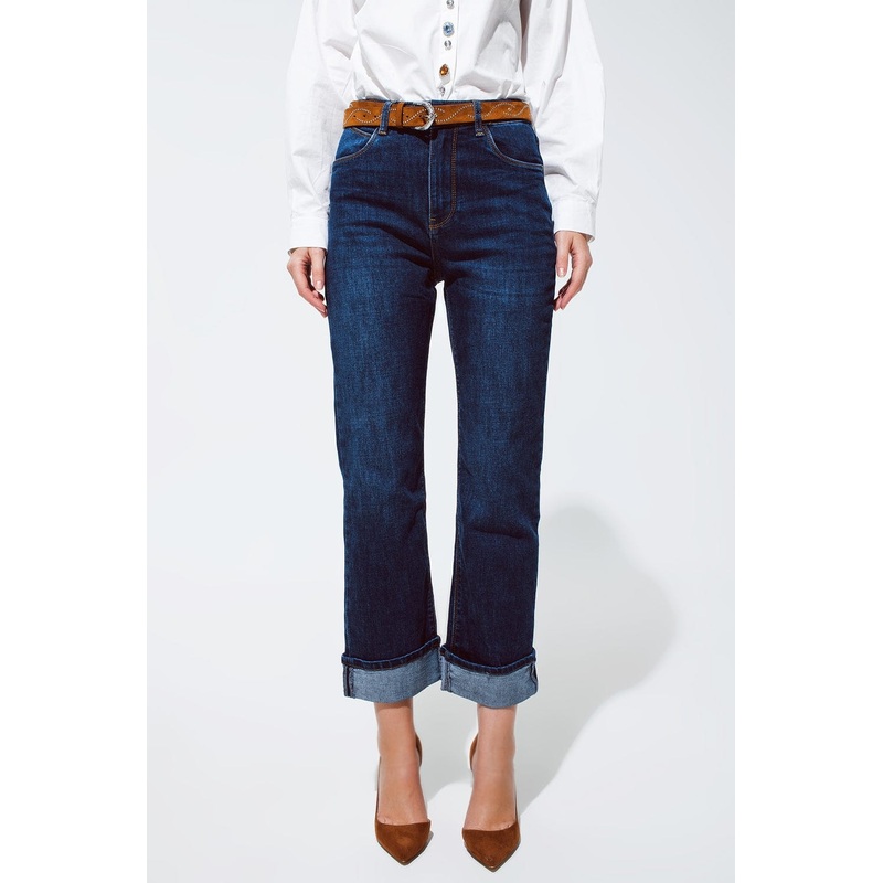 Relaxed Fit Blue Jeans With Cuffed Hem Detail