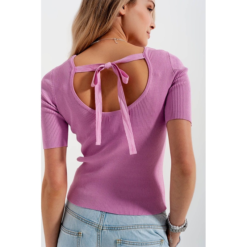 Rib Knitted Sweater With Tie Back In Pink