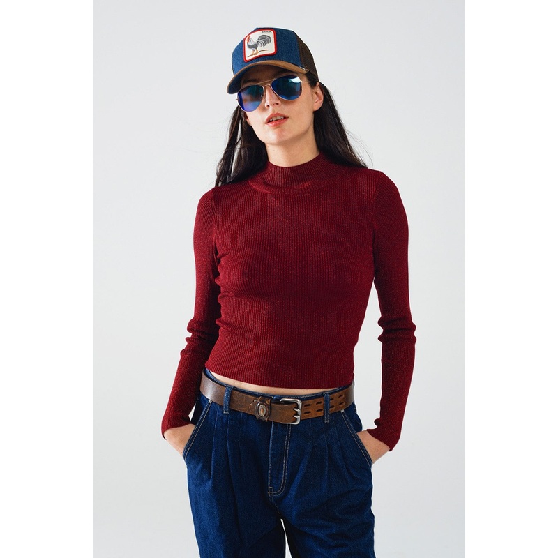 Sparkeling Red Glitter Trutle Neck Long Sleeve Sweater