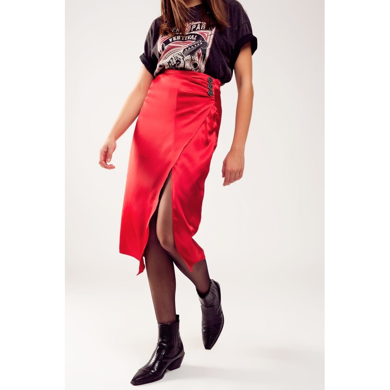 Split Front Midi Skirt In Red