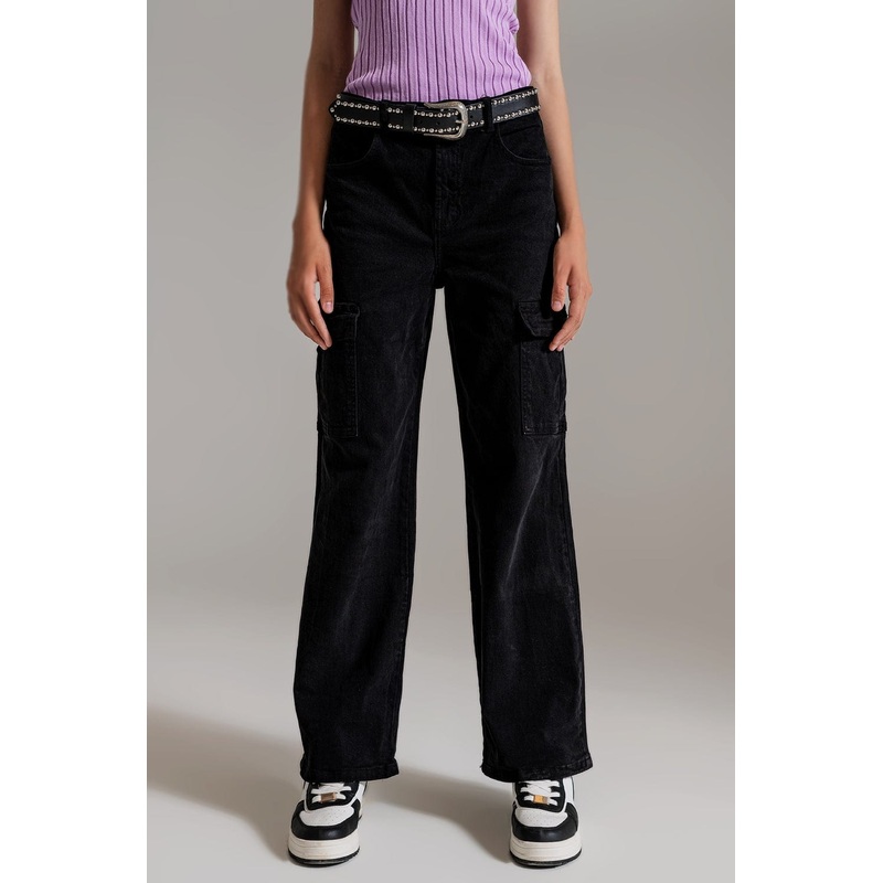 Straight Leg Cargo Jeans In Black