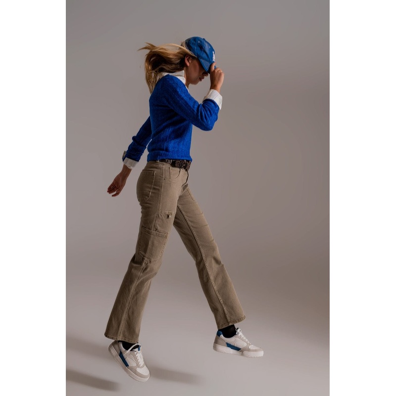 Straight Leg Cargo Pants In Brown Beige