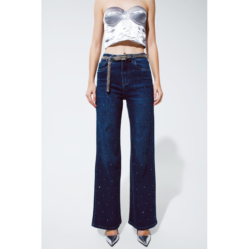 Straight Leg Jeans With Strass Detail In Blue