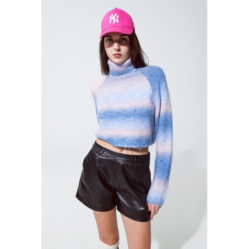 Turtleneck Sweater In Fluffy Knit In Blue And Pink Degrade