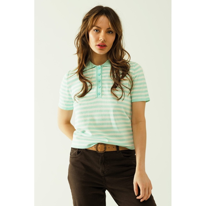White Short Sleeves Polo Shirt With Light Blue Stripes And Frontal Buttons Details