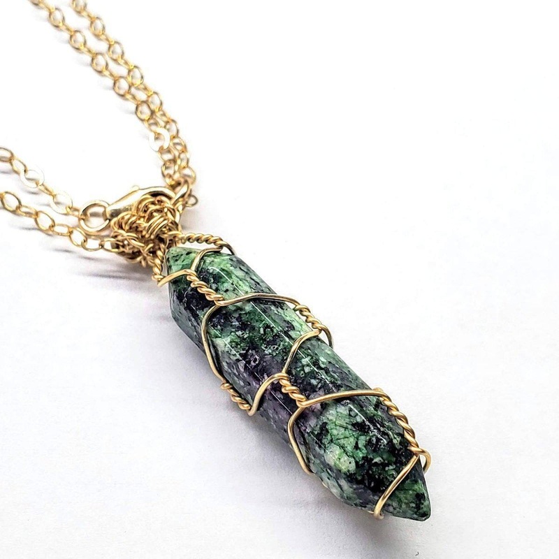 Alexa Martha Designs Gold Wire Wrapped Caged In Ruby In Zoisite Pointed Crystal Necklace For Him