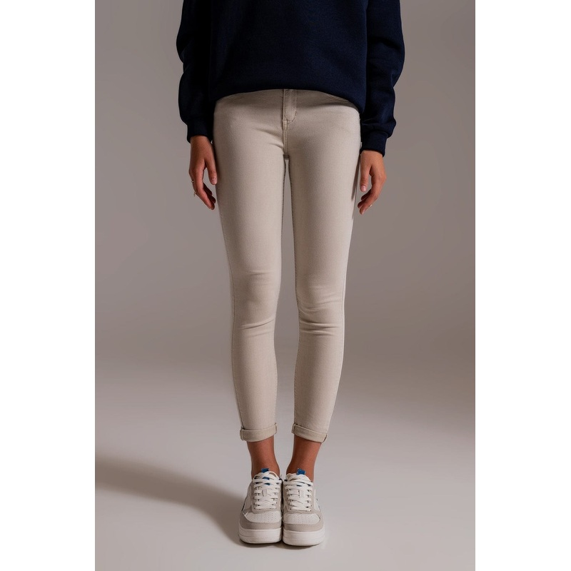 Beige Ankle Jeans With Soft Wrinkles