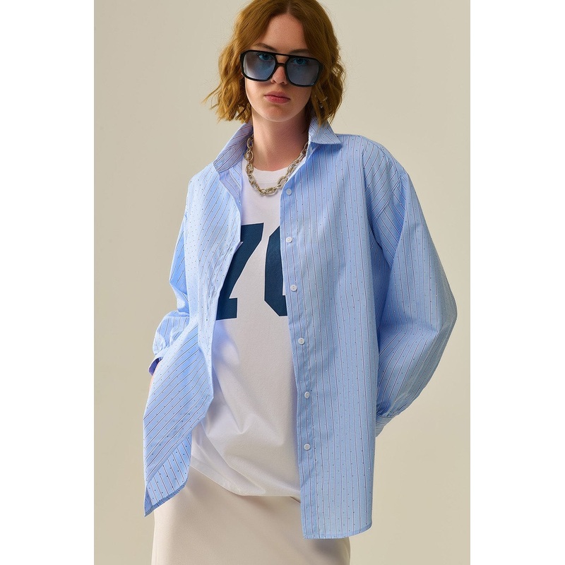 Blue Striped Poplin Shirt Embellished With Strass