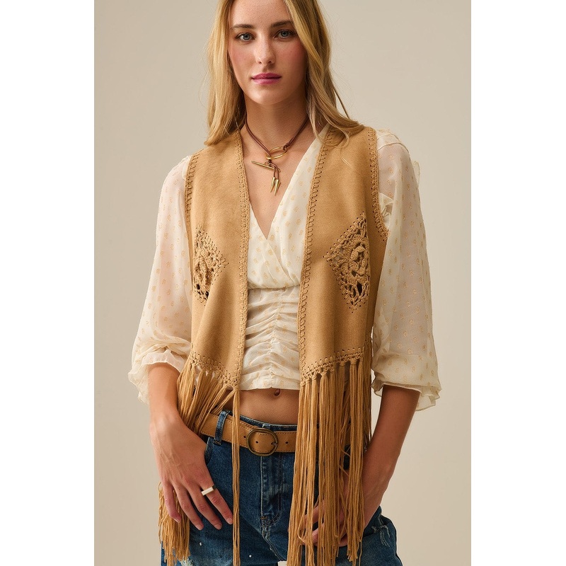 Cowgirl Style Fringe Faux Suede Vest In Camel