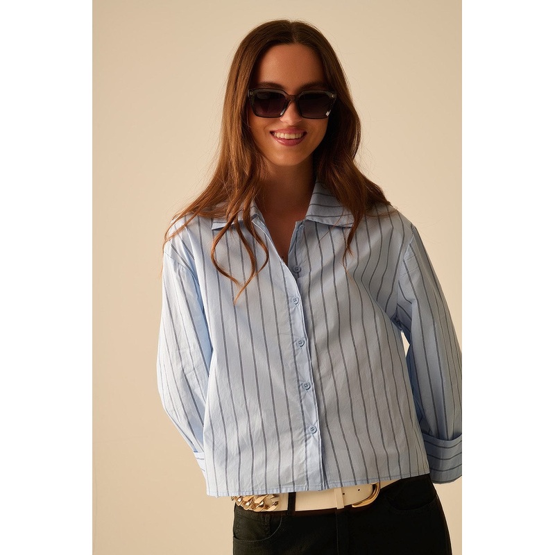 Cropped Blue Striped Poplin Shirt