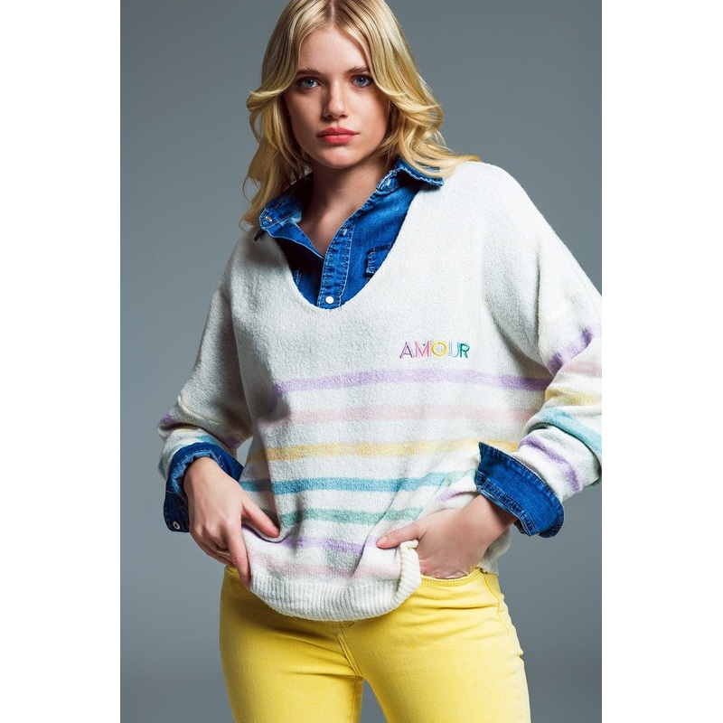 Deep V Neck Line Sweater With Stripes In Pastel Colors And Amour Embroidered