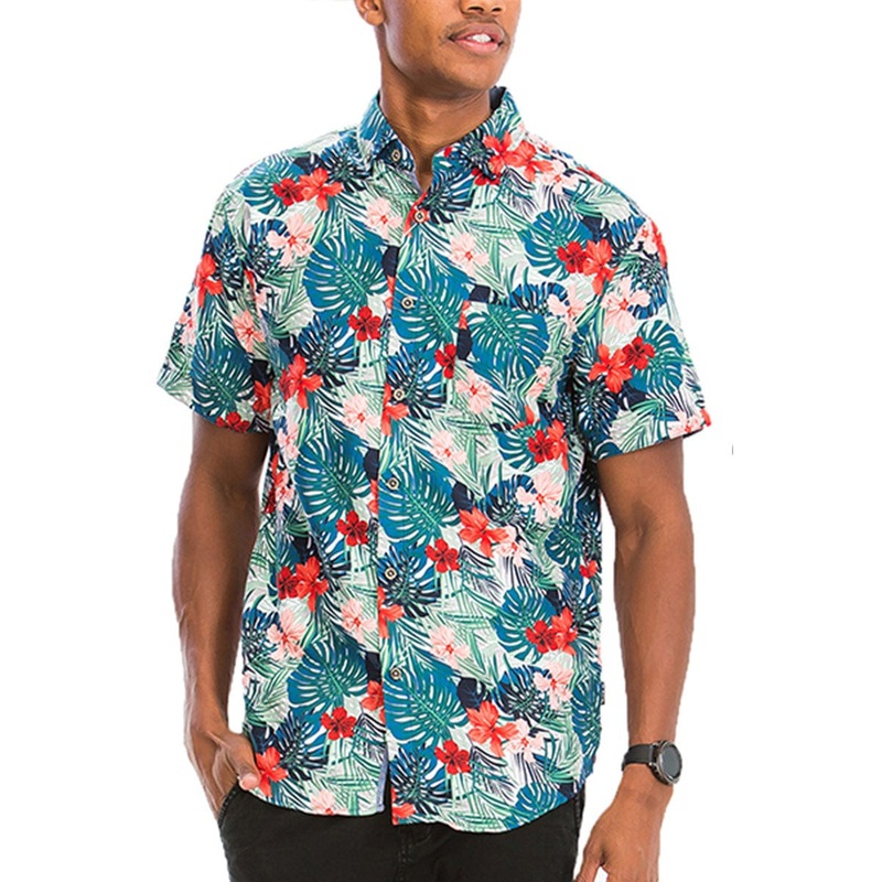 Digital Print Hawaiian Short Sleeve Shirt-Teal & Coral