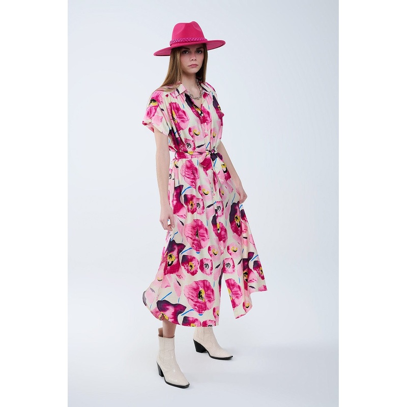 Floral Printed Buttoned Shirt Dress In Fuchsia