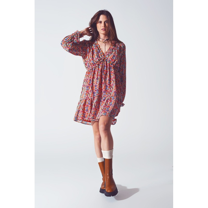 Floral V Neck Mini Dress In Multicolour