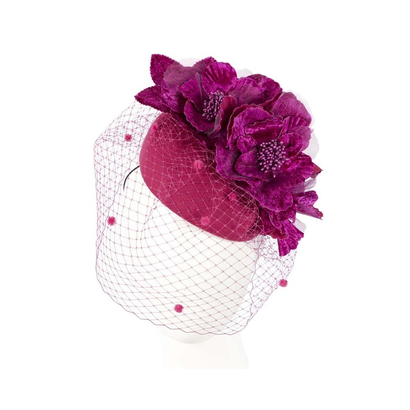 Fuchsia winter racing felt pillbox with flower and veiling by Fillies Collection