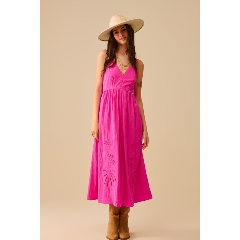 Fucshia Maxi Dress With Embroidered Palms